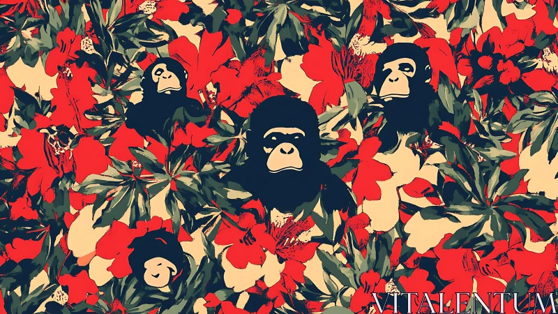 Pop art primate portraits embedded in dense floral camouflage.