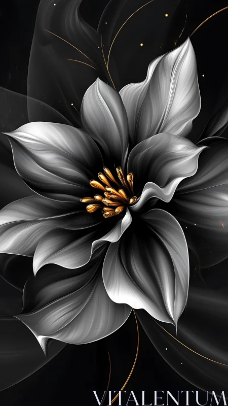Monochrome floral render shows stylized petals in dark space