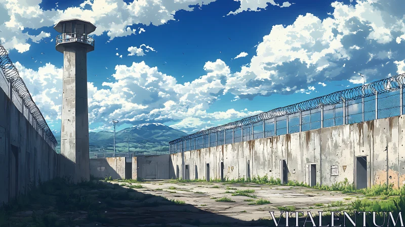 Mountain-view prison yard under bright summer sky.