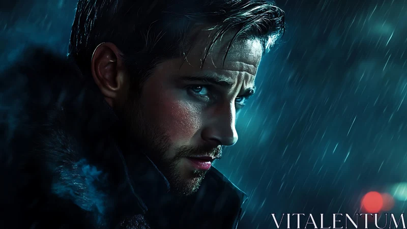 Moody male portrait in teal rain-soaked cinematic lighting.