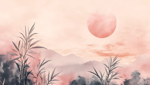 Soft pink sun hangs over misty mountains and reeds