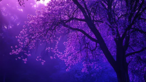 High-contrast violet forest canopy renders ethereal backlit bloom