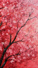 Blossom-splashed branches drifting through rosy spring light.