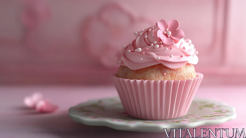 Delicate Pink Cupcake with Pearl Frosting and Floral Topper