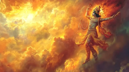 Divine celestial dancer rises through blazing golden clouds.