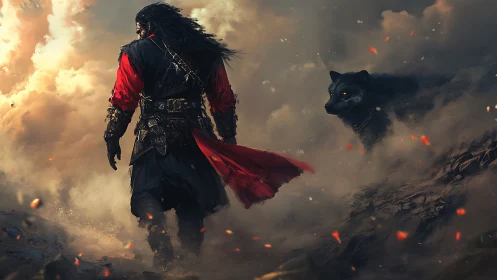 Warrior in red cloak walking through burning storm with wolf.