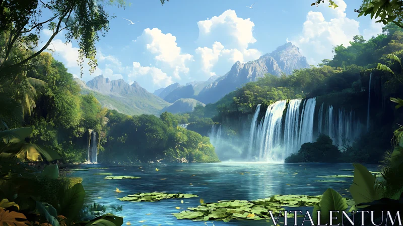 Sunlit jungle waterfall opens into a serene mountain lagoon