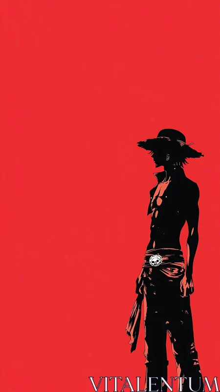 Silhouetted pirate hero stands alone against bold red field.