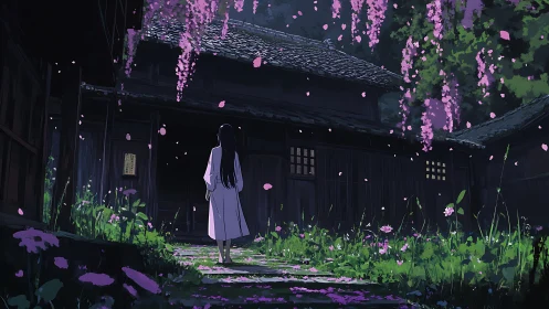 Midnight petals drift around a lone girl at silent shrine.