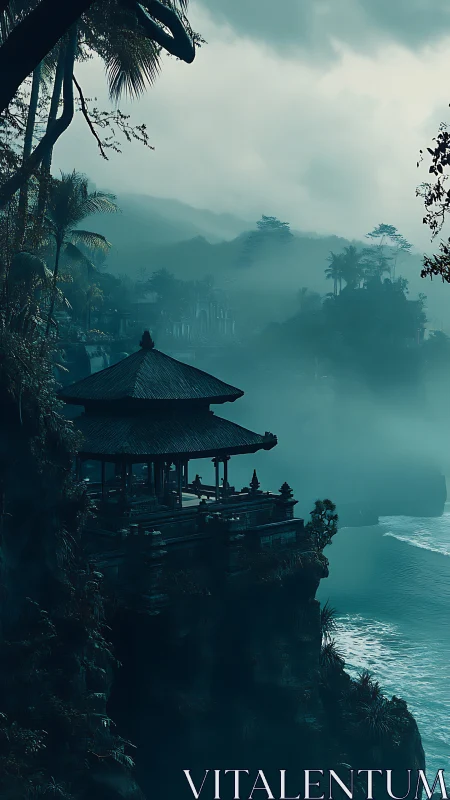 Clifftop temple above misty tropical coastline at dusk.