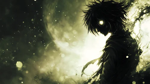 Backlit spectral anime silhouette with luminous cosmic eyes