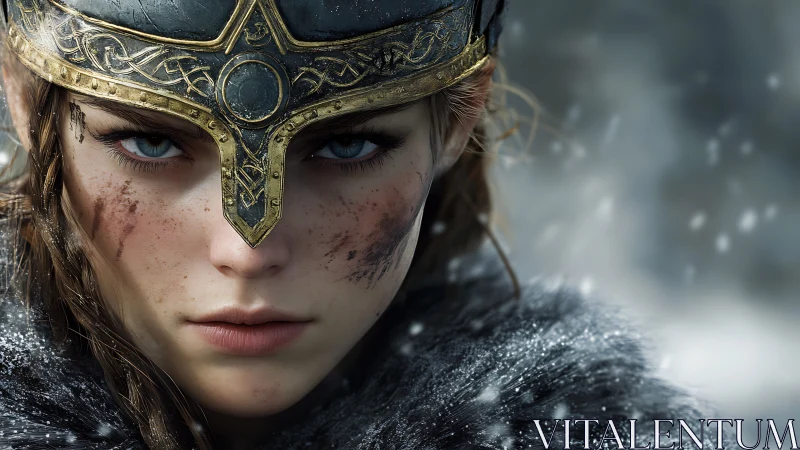 Warrior maiden stares through snowstorm with icy resolve