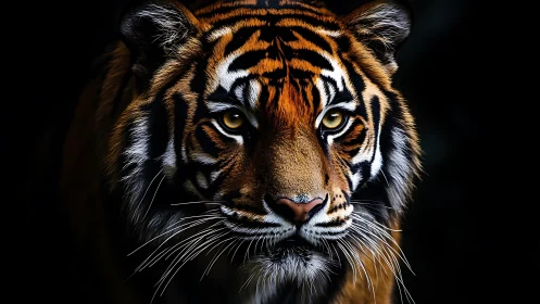 Tiger portrait fills frame with piercing golden gaze