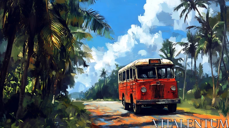 Red rural bus moves along palm-lined tropical roadway