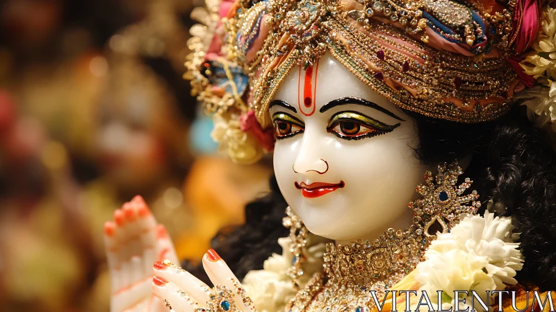 Jewelled deity gazes outward while warm temple lights shimmer