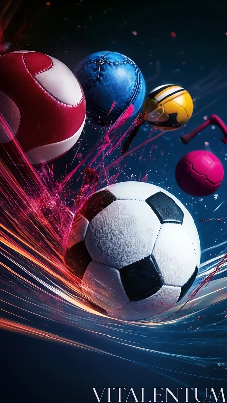 Dynamic sports balls collide through neon motion trails