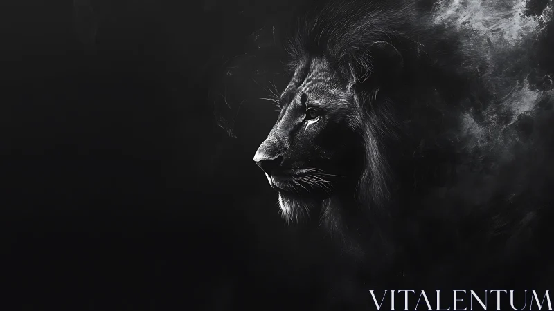 Regal lion emerging from shadows in soft monochrome glow.