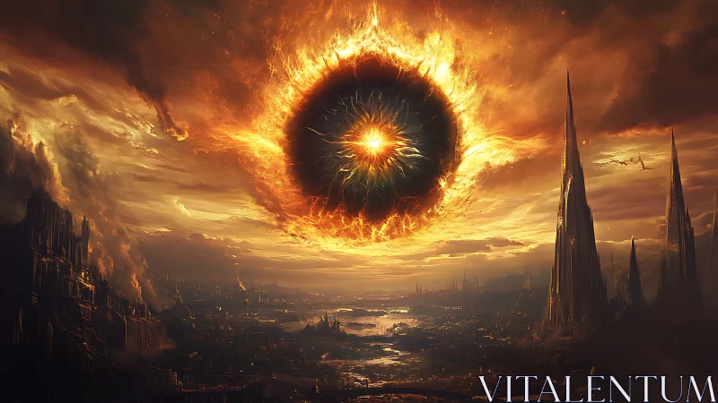 Fiery circular vortex above dark spired cityscape at dusk.