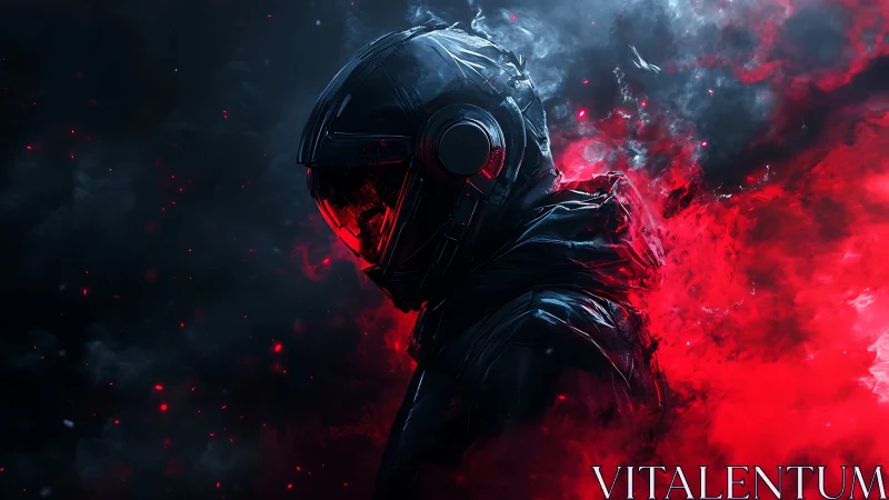 Solitary space warrior emerges from swirling red nebula.