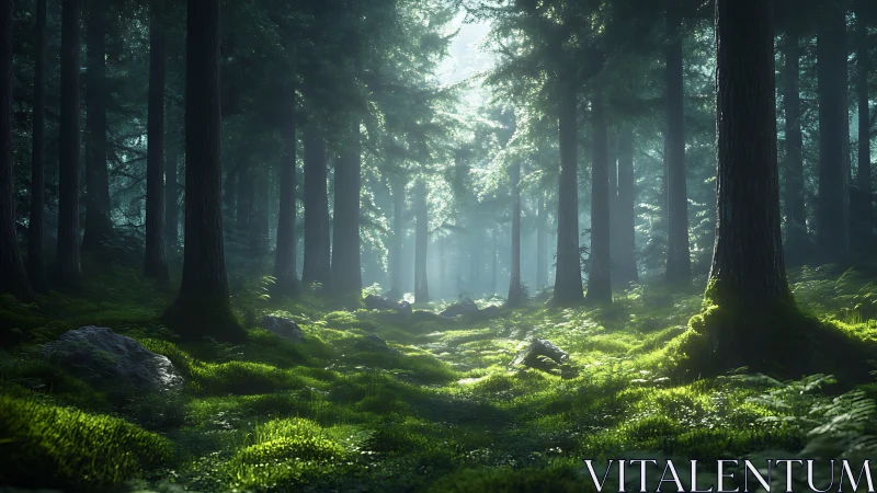 Ancient Forest Illuminated by Filtered Sunlight Through Canopy