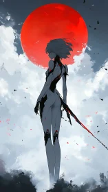 Solitary sky warrior beneath a blazing crimson moon.