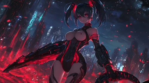 Cyberpunk android girl dominates a neon-lit dystopian skyline