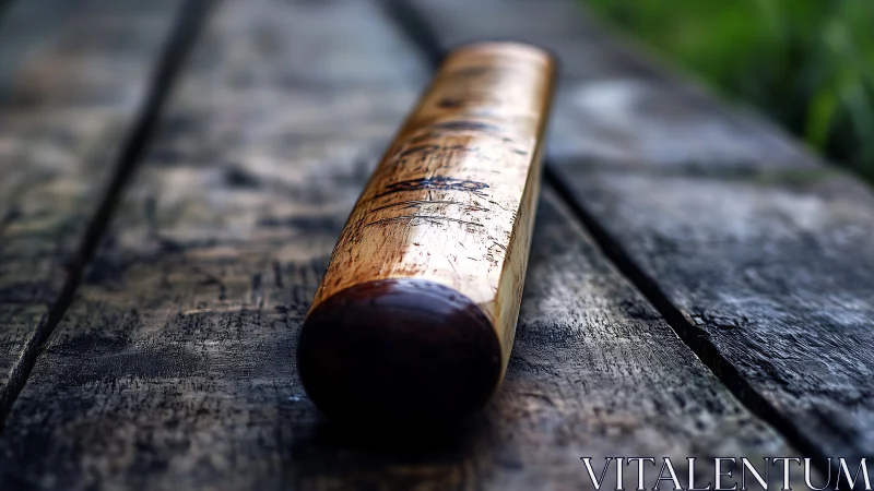 Worn wooden baseball bat resting on weathered timber surface.