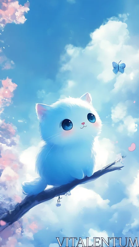 Fluffy blue kitten watches butterfly above dreamy clouds