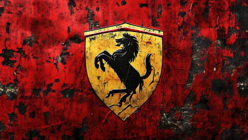 Prancing horse shield logo is displayed on distressed red panel