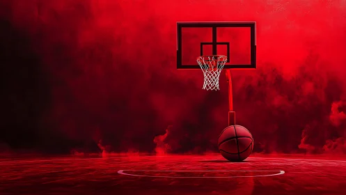 Basketball hoop and ball stand centered on vivid red court