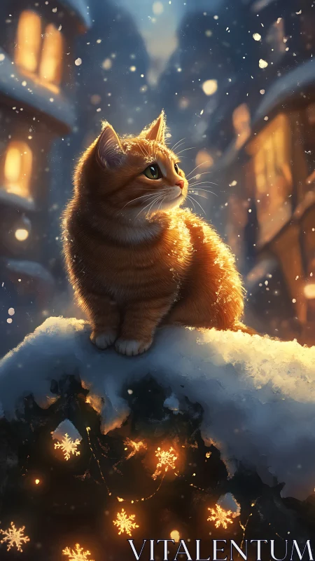 Digital painting of cat on snowy ledge with warm bokeh lights.