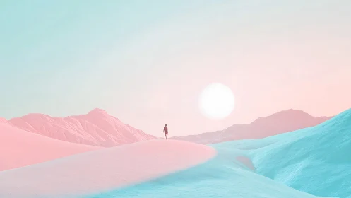 Solitary figure crossing pastel dunes under luminous sun.
