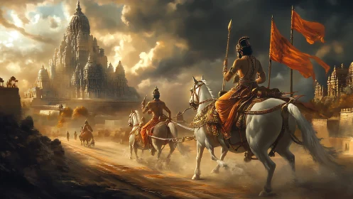 Epic temple-bound cavalry under storm-lit mythic sky