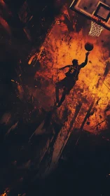 Silhouetted baller drives toward the hoop in blazing light