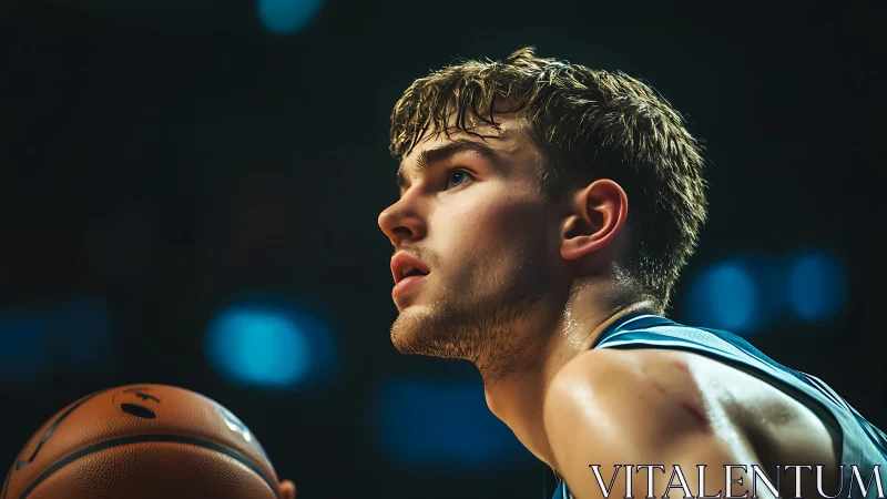 Side-lit basketball player in pre-shot focus, shallow depth of field