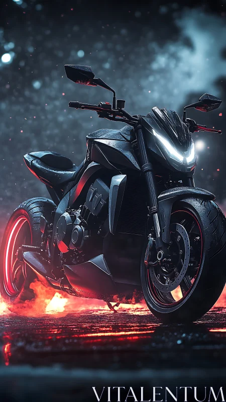 Cyberpunk streetfighter motorcycle over neon steam at night.