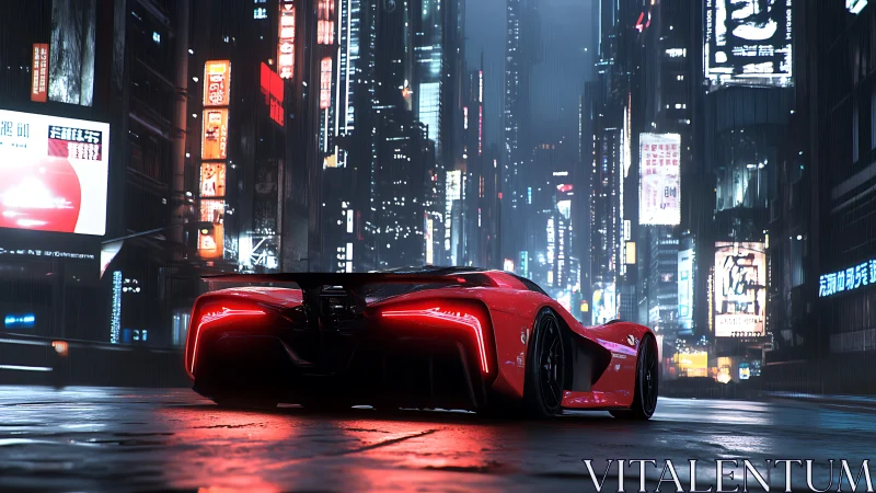 Sleek red supercar glowing through a rainy neon city street.
