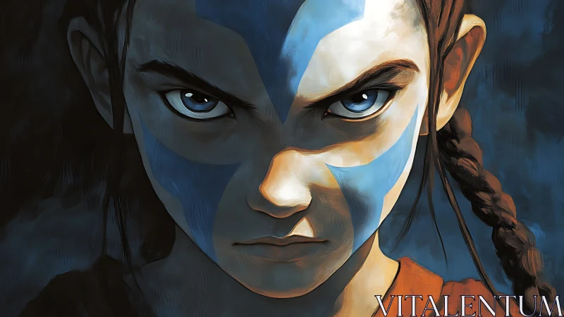 Warrior child portrait shows fierce gaze with blue warpaint