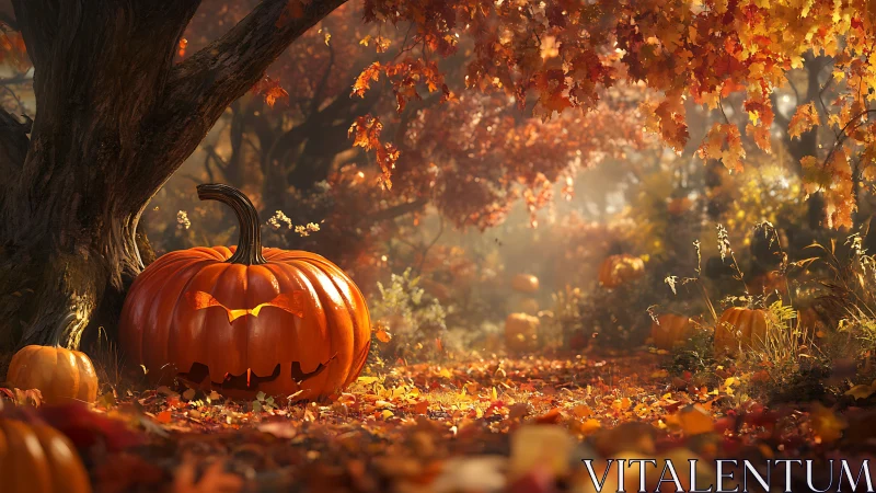 Carved jack o lantern sits in sunlit autumn forest path