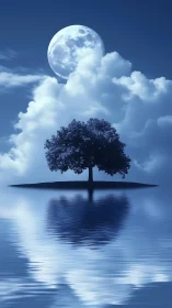 Solitary tree stands on small island beneath enlarged moon