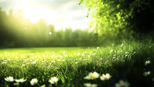 Sunlit meadow with daisies and soft green background.
