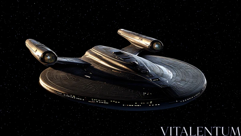 Futuristic starship glides through deep, silent outer space.