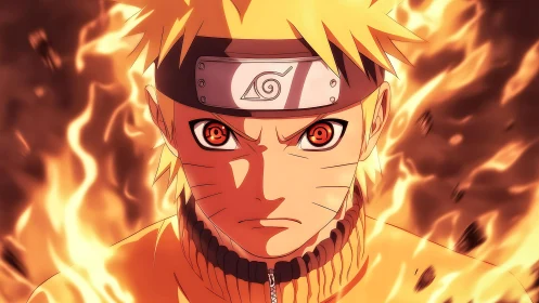 Fiery ninja warrior portrait amid swirling orange flames.