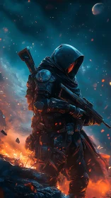 Hooded ember ranger patrolling a shattered cosmic battlefield.