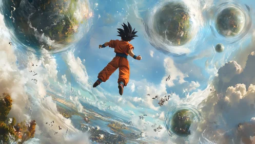 Solitary anime warrior ascends through warped celestial spheres