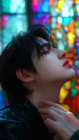 Androgynous profile in stained-glass light renders cinematic calm