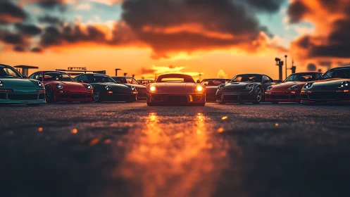 Sunset-lit sports cars assemble on an empty asphalt runway.