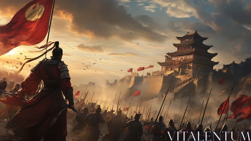 Sunlit warlord leading loyal troops toward a hilltop fortress.