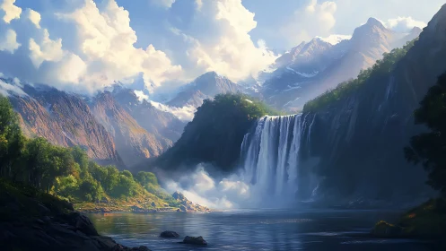 Sunlit alpine waterfall pouring into tranquil valley lake.