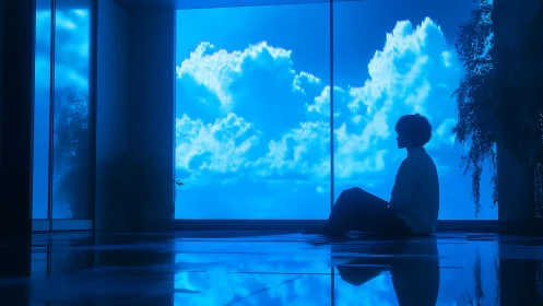 Silhouetted observer facing panoramic blue atmospheric display.